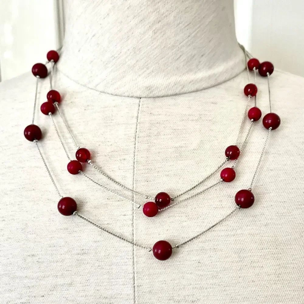 NY collection silver tone multi strand necklace with floating red beads